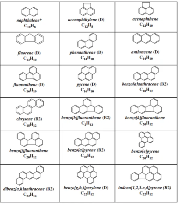 Figure 1. Chemical structures of PAHs including the US EPA 16 Priority PAHs  (compounds labeled B2 are classified as probably carcinogens by the EPA)