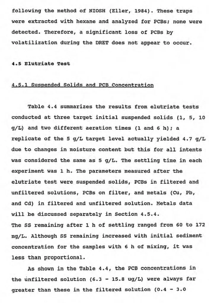 Table 4.4 summarizes the results from elutriate tests