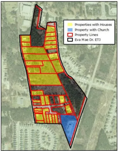 Figure 2. Property parcels containing homes or religious structures within the Eva Mae Dr
