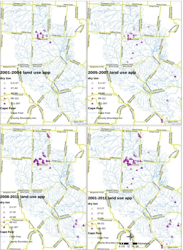 Figure 5. Spatial and Temporal Distribution of the Land Use Application Data (top left: 2001- 2001-2004, top right: 2005-2007, bottom left: 2008-2011, bottom right: 2001-2011.) 