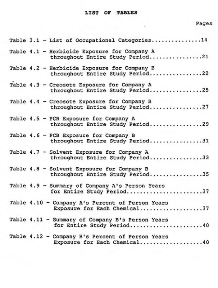 Table 3.1 - List of Occupational Categories...............14 Table 4.1 - Herbicide Exposure for Company A
