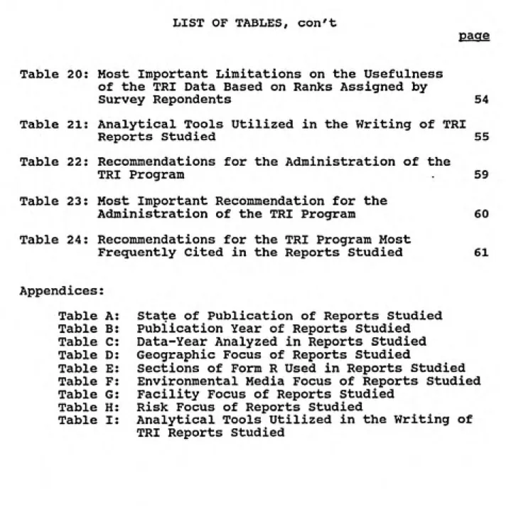 Table 20: Most Important Limitations on the Usefulness of the TRI Data Based on Ranks Assigned by