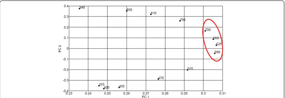 Figure 8 Loading plot of PC2 against PC1 from transmission image. The loadings represent the weight of each PC at the specifiedwavelengths.