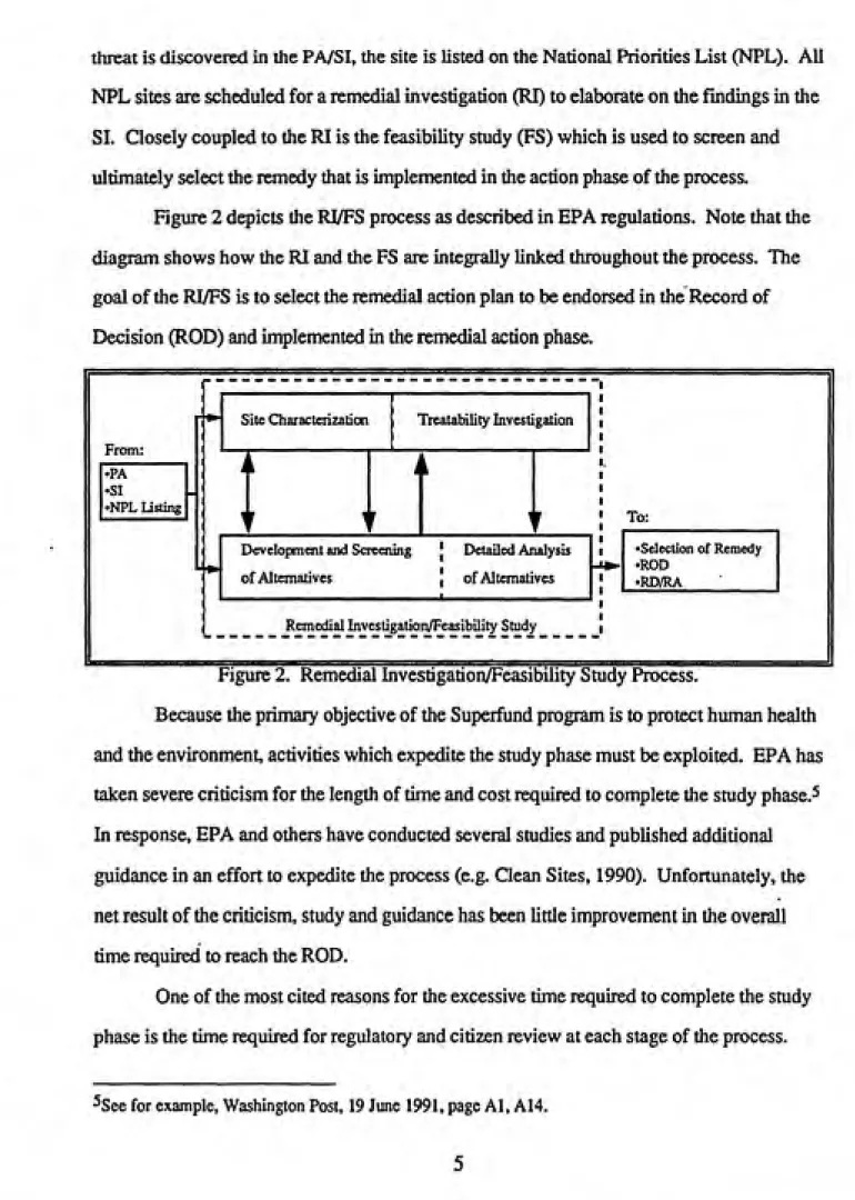 Figure 2 depicts the RI/FS process as described in EPA regulations. Note that the diagram shows how the RI and the FS arc integrally linked throughout the process
