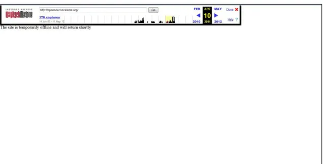 Figure 3: Internet Archive Capture of openscourcecinema.org from April 2010 – May 2012 