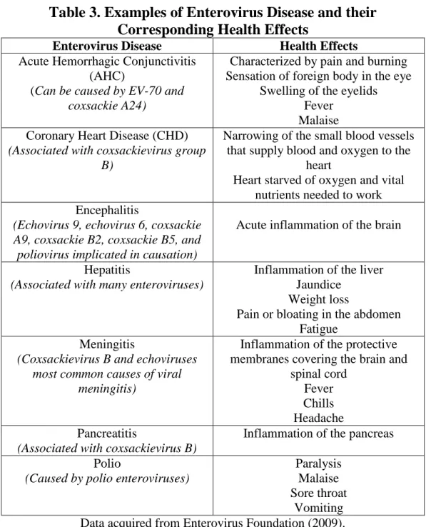 Table 3. Examples of Enterovirus Disease and their  Corresponding Health Effects 