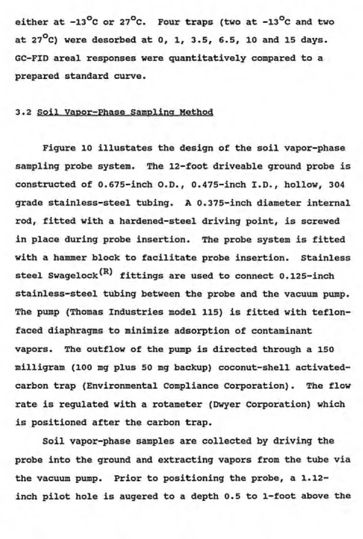 Figure 10 illustates the design of the soil vapor-phase sampling probe system.  The 12-foot driveable ground probe is constructed of 0.675-inch O.D., 0.475-inch I.D., hollow, 304 grade stainless-steel tubing