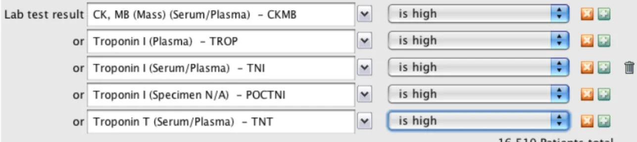 Figure 11 – STRIDE lab test results – Boolean operators and selection of comparison against test standard values  ("Stride Anonymous Patient Cohort Discovery Tool User Documentation - February 2009") 
