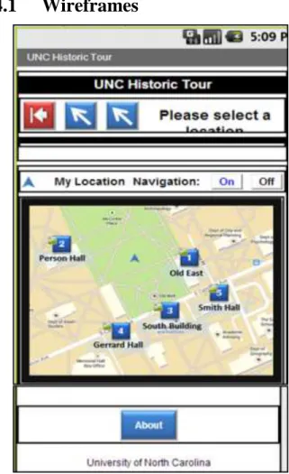 Figure 1 First “screen”: The blue arrow buttons  are hidden in the working application and are only  made visible when the screens change