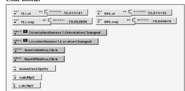 Figure 7 Orientation and GPS features. Includes variables for latitude and longitude that  define the boundaries of the map, functions for when the orientation and location change  and when the user turns the navigation on and off and procedures that calcu