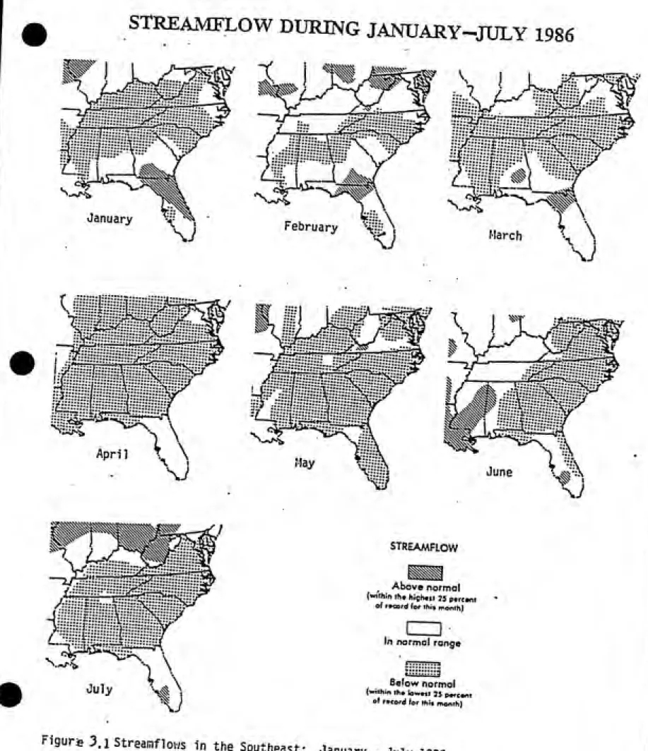 Figure 3.1 Streamflows in the Southeast: January - July 1956