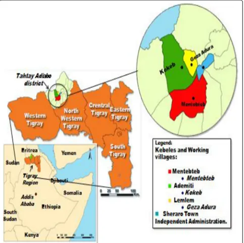 Figure 1 Map of Tahtay Adiyabo District (modified based on GIS of Ethiopia); red, green, and yellow colors showing selected study villages.