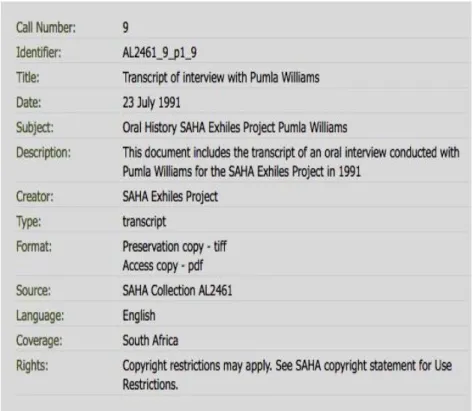 Figure 5. Metadata fields from the South African History Archive (SAHA) collection showing no  specification of the topics discussed in the interview