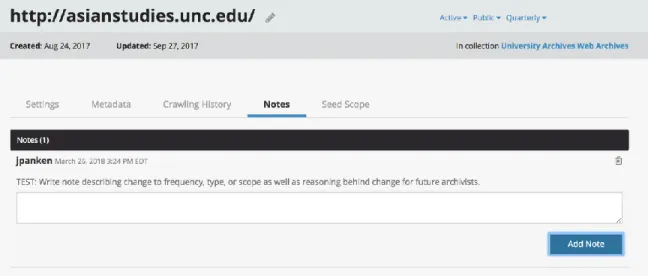 Figure 2: Sample note to future archivists within Archive-It interface for a selected seed regarding  changes to frequency, type, or scope 