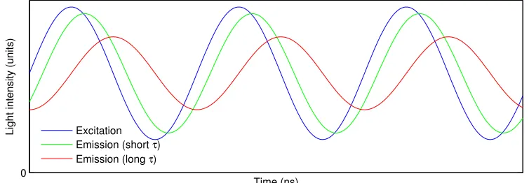 Figure 2.3: Frequency-domain lifetime measurement. The ﬂuorescence emission demon-strates a phase shift and a modulation decrease in comparison with sinusoidally modulatedexcitation light.