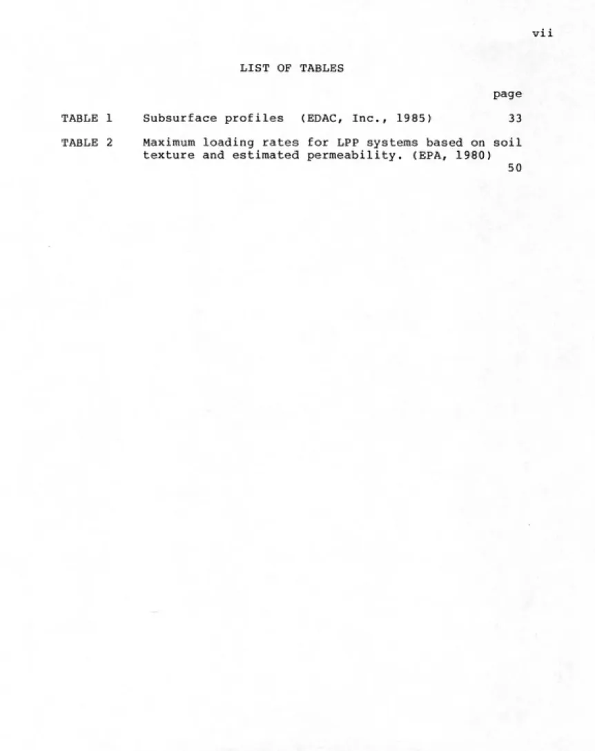 TABLE 1    Subsurface profiles  (EDAC, Inc., 1985) 33 TABLE 2   Maximum loading rates for LPP systems based on soil
