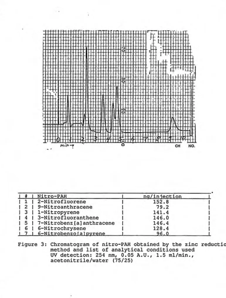 Figure 3: Chromatogram of nitro-PAH obtained by the zinc reduction method and list of analytical conditions used