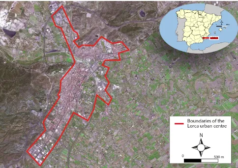 Figure 1. Location of Lorca (inset) and view of the city centre.SPOT source courtesy of the ©Instituto Geográﬁco Nacional de Es-paña.