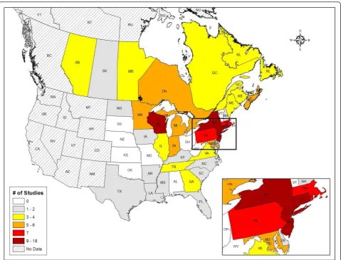 Fig. 2 Number of studies performed in each province or state from reviewed studies (2000–2015)