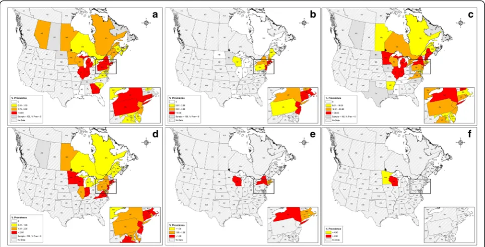 Fig. 3 Distribution and crude prevalence for human pathogens transmitted bya Ixodes scapularis in eastern North America (2000–2015)