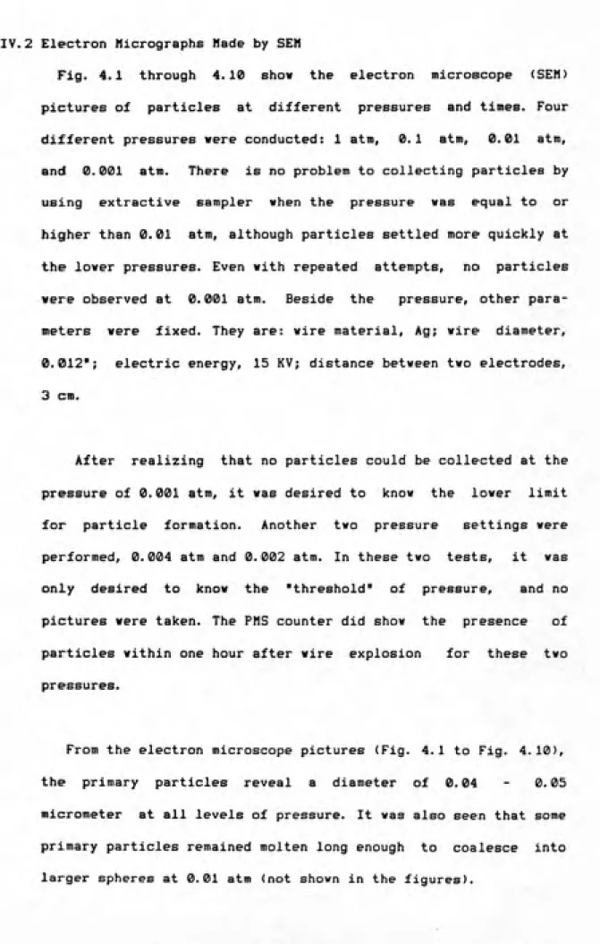 Fig. 4.1 through 4.10 show the electron microscope (SEM) pictures of particles at different pressures and times