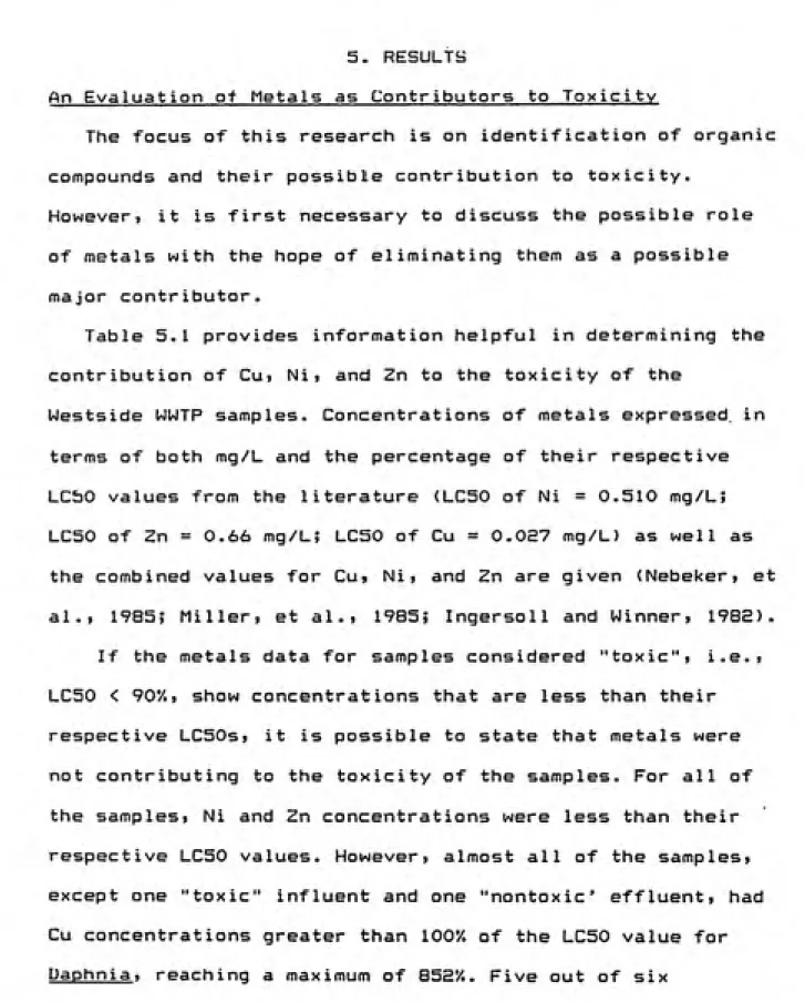 Table 5.1 provides information helpful in determining the contribution of Cu, Ni, and Zn to the toxicity of the
