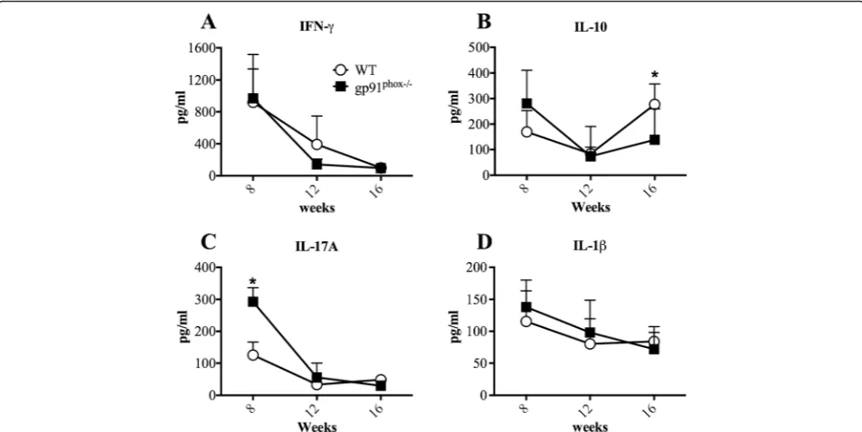 Fig. 4 Cytokine production by re-stimulated draining lymph node cells from L. amazonensis-infected wild type (WT) and gp91phox−/− mice