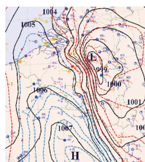 Figure 10 shows the synoptical observations of wind direc-tion, wind speed, cloud cover, pressure, and pressure change.The track of the frontal system was in the NNE direction