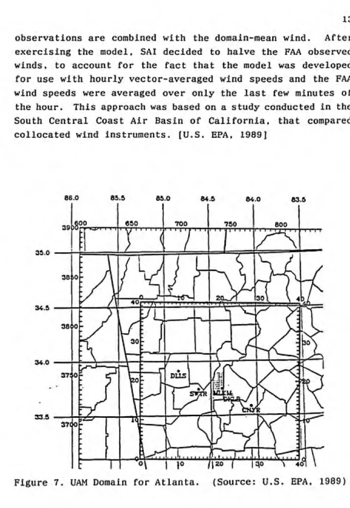 Figure 7. UAM Domain for Atlanta.  (Source: U.S. EPA, 1989)