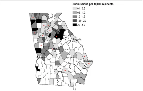 Fig. 1 Georgia state map of total submissions per 10,000 residents by county. Note that map denotes participantsnecessarily where the tick was acquired