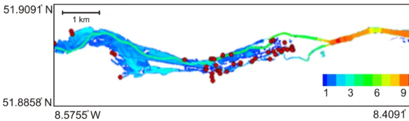 Figure 18. Comparison of modelled and observed maximum waterelevations at 38 survey stations.