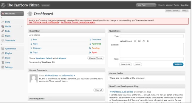 Figure 7 – The WordPress Dashboard (back-end), where posts, pages and other content can be created