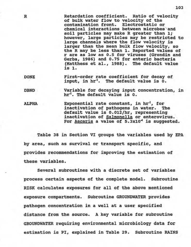 Table 38 in Section VI groups the variables used by EPA by area, such as survival or transport specific, and