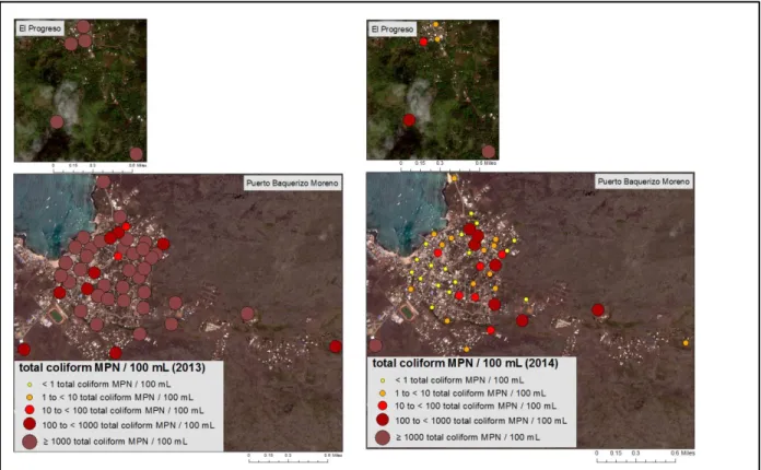 Figure 5. Spatial representation of total coliform MPN / 100 mL (2013-2014). 
