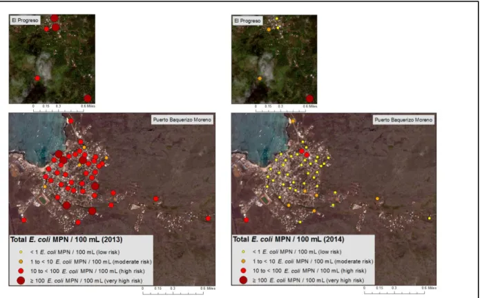 Figure 6. Spatial representation of Escherichia coli MPN / 100 mL (2013-2014). 
