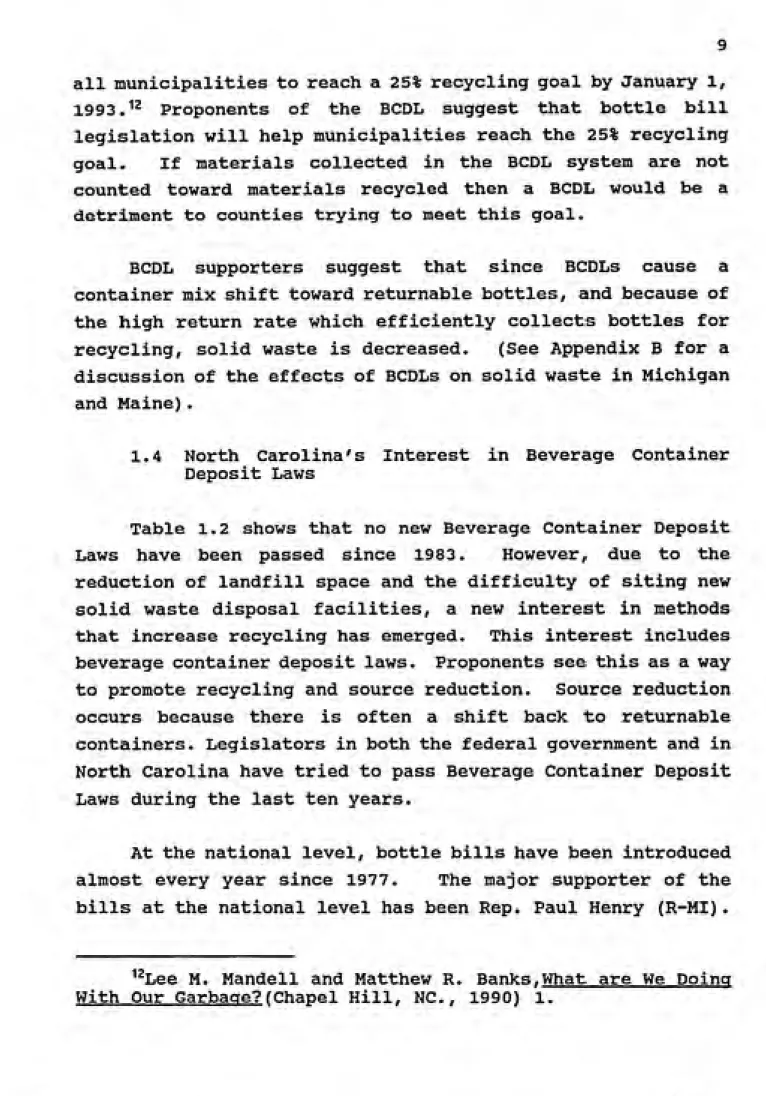 Table 1.2 shows that no new Beverage Container Deposit Laws have been passed since 1983