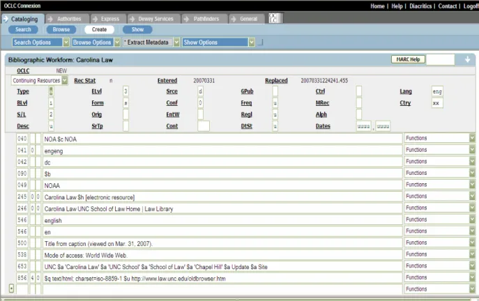 Fig. 2: Catalog record for UNC Law School homepage  