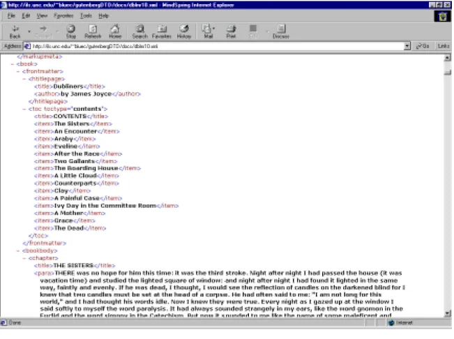 Figure C4.  The Dubliners by James Joyce is typical of a book structure.  In the section  provided below, the opening book tag prefaces the book’s frontmatter with a table of  contents,<toc toctype = “contents”>, and the start of the bookbody and cha