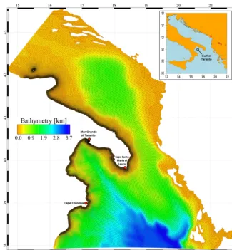 Figure 1. SANIFS domain: horizontal grid overlapped on bathymetry for the whole domain.