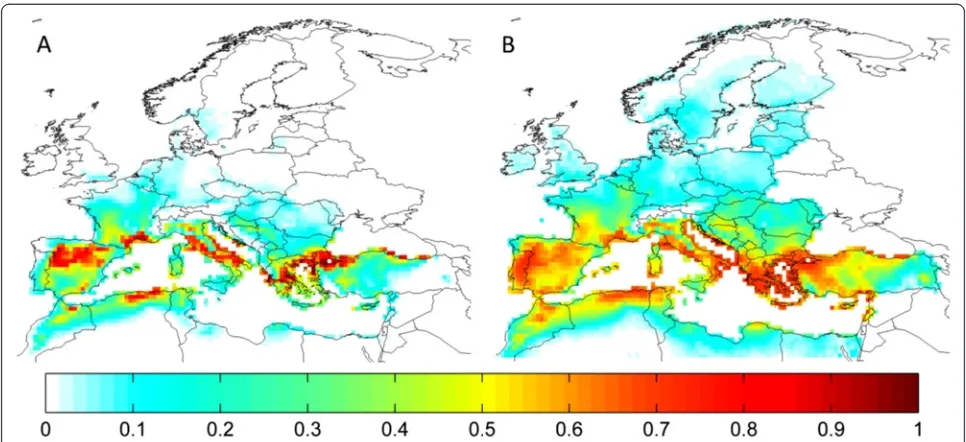Fig. 6 Comparison of Mahalanobis Distance (a) and Maxent (b) species distribution predictions for Rhipicephalus bursa with observed climate