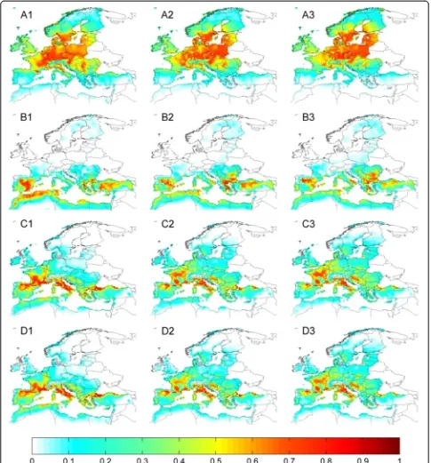 Fig. 3 Current and future (RCP 4.5) projected climate suitability for tick species in the western Palearctic