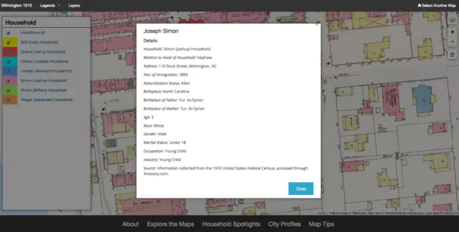 Figure 7. Details about Joseph Simon display in the modal on the Wilmington 1910 map.