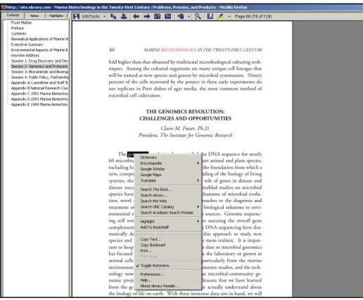 Figure 14: Ebrary's InfoTools menu.  Readers can access this menu by choosing InfoTools from the toolbar  or by selecting a word from the page of a book. 