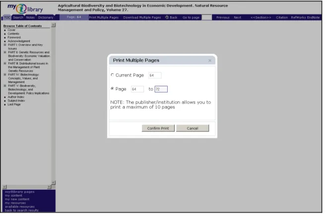 Figure 20: Printing multiple pages from MyiLibrary.  To print a page range, participants found that they  had to select “Print Multiple Pages” from the MyiLibrary toolbar.