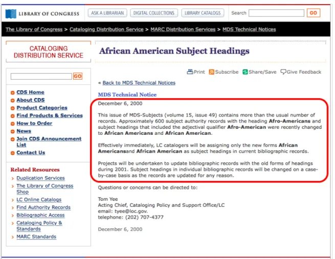 Figure 21.  The Library of Congressed replaced its Subject Heading “Afro-Americans” 
