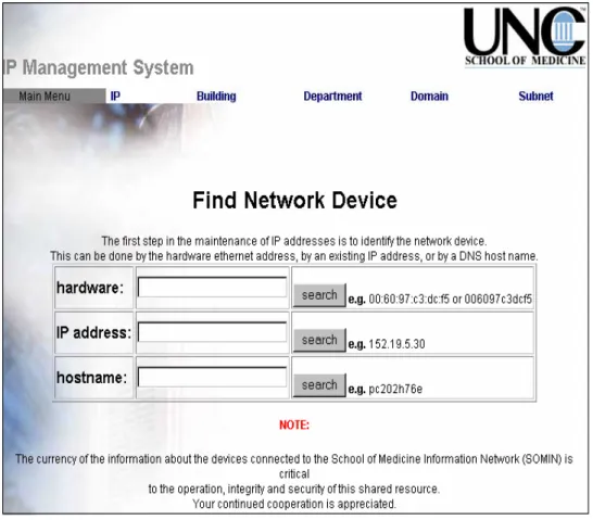 Figure 8: First page after successful login.  This screen allows IP record search based MAC address, IP  address or device hostname; if this device is not found in the database, the user will be taken to the page in  which a new device can be added to the 