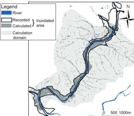Figure 8. Comparison of calculated and recorded inundation areas(Tsubaki et al., 2012a).