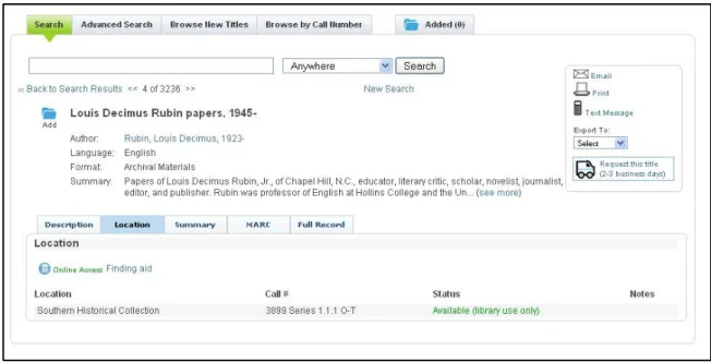 Figure 1: Sample Integrated OPAC Record, with EAD Finding Aid 