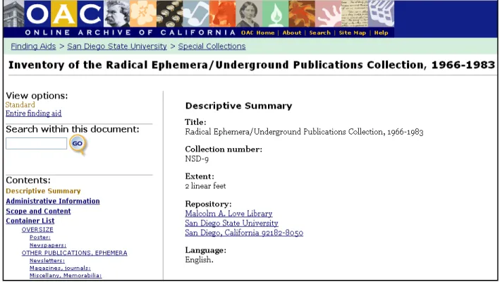 Figure 6: Finding Aid for Inventory of the Radical Ephemera/Underground Publications  Collection, SDSU 