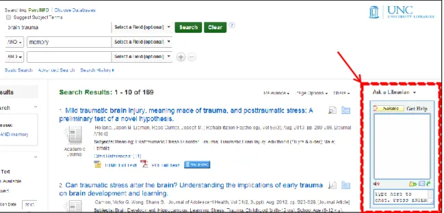 Figure 3. An example of the placement of the embedded chat widget when viewing  search results in UNC’s subscription to EBSCO’s PsycINFO database
